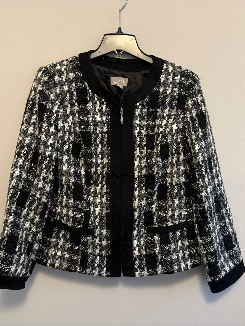 Chico's Black & White Tweed Zip-Front Blazer